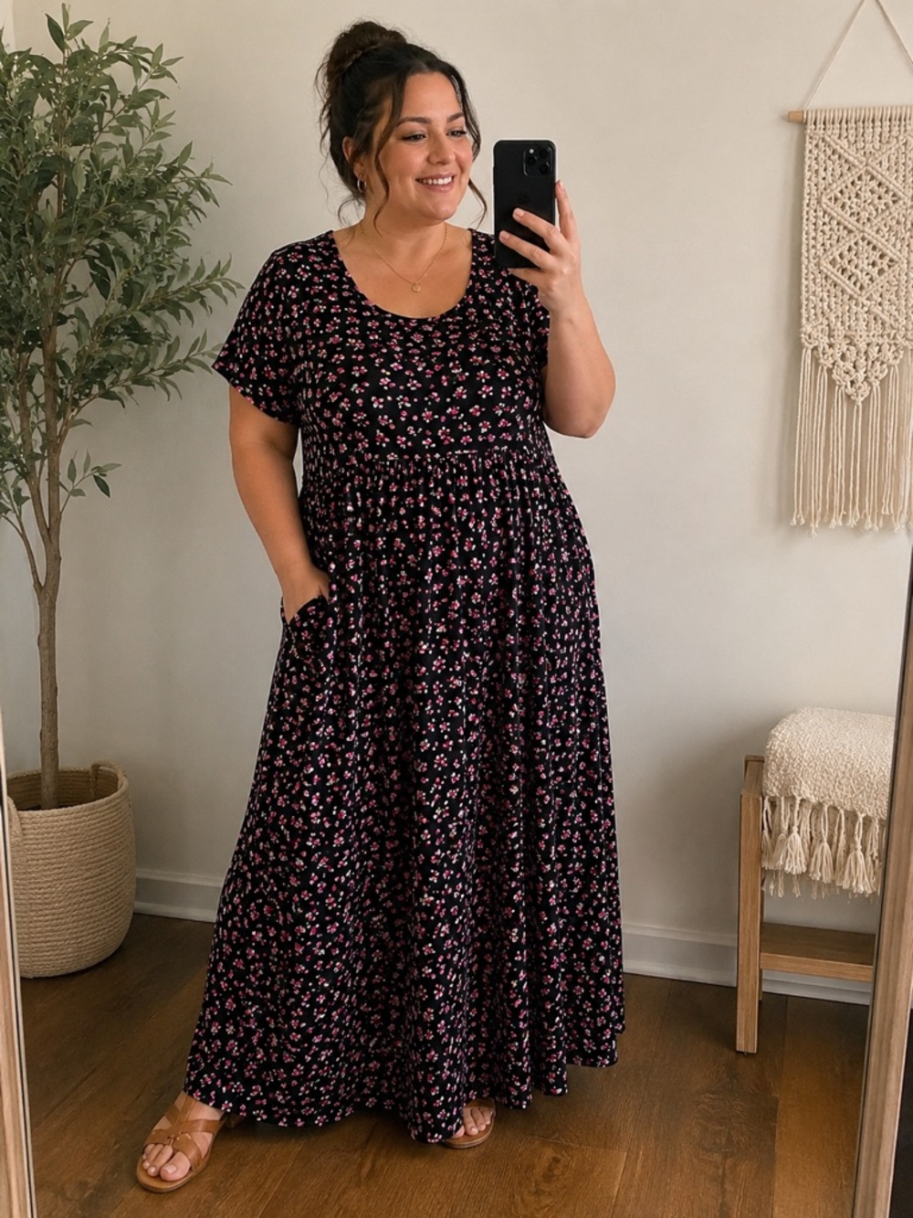 Popyoung Floral Maxi Dress Womens 2XL Black Pink Boho Cottagecore Maxi Dress NWT